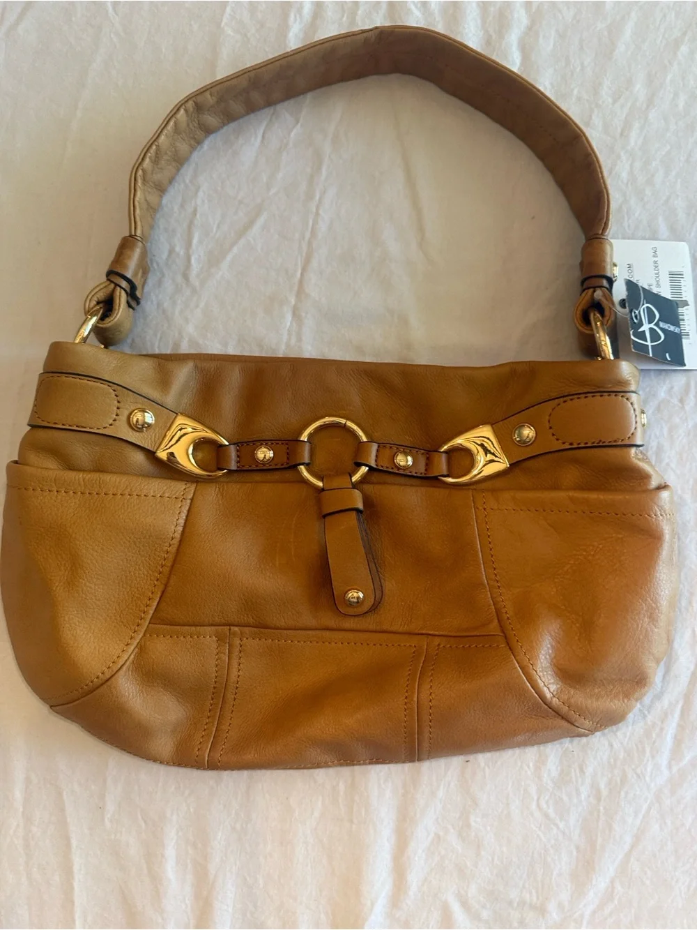 b. makowsky Cognac Leather Hobo with Gold Ring Detail
